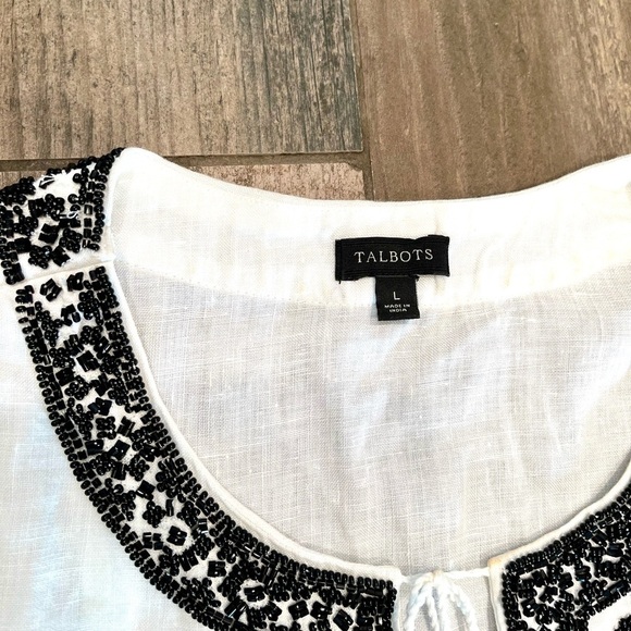 Talbots White Linen Black Beaded Split Neck Tassel Short Sleeve Top Blouse Large - Picture 5 of 8
